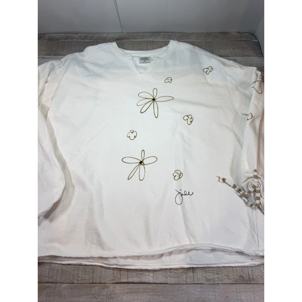 Kunky's Hand Painted Floral Sweatshirt Womens XL Art to Wear White Tie Sleeve